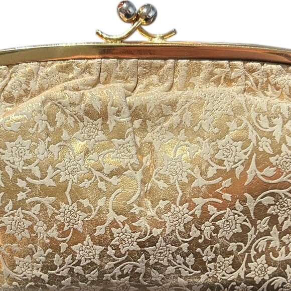 Vtg Gold Brocade Evening Clutch Kiss Lock Purse Red Lining Classic Formal Bag - Picture 2 of 6